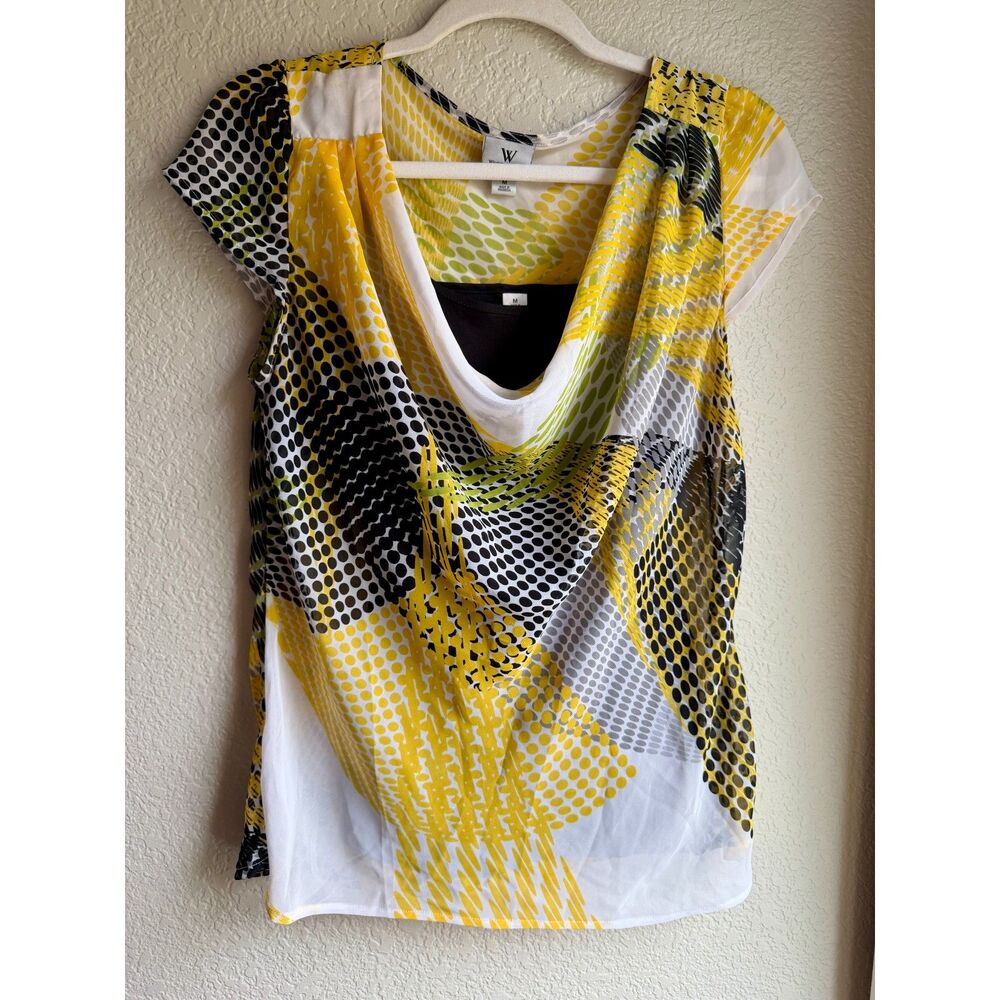 Worthington Yellow Black Abstract Blouse Medium Layered Cami Tie Sash Top